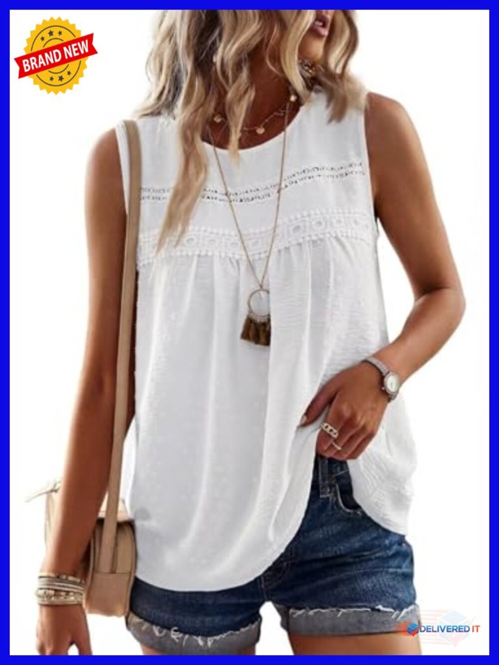Womens Crew Neck Sleeveless Tank Top Lace Trim Boho Swiss Dot Blouse Casual